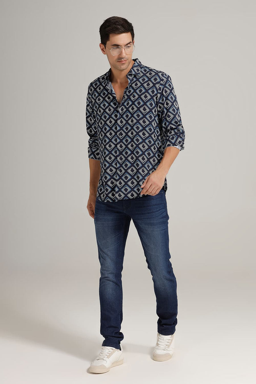 BASICS SLIM FIT NAVY VISCOSE PRINTED SHIRT