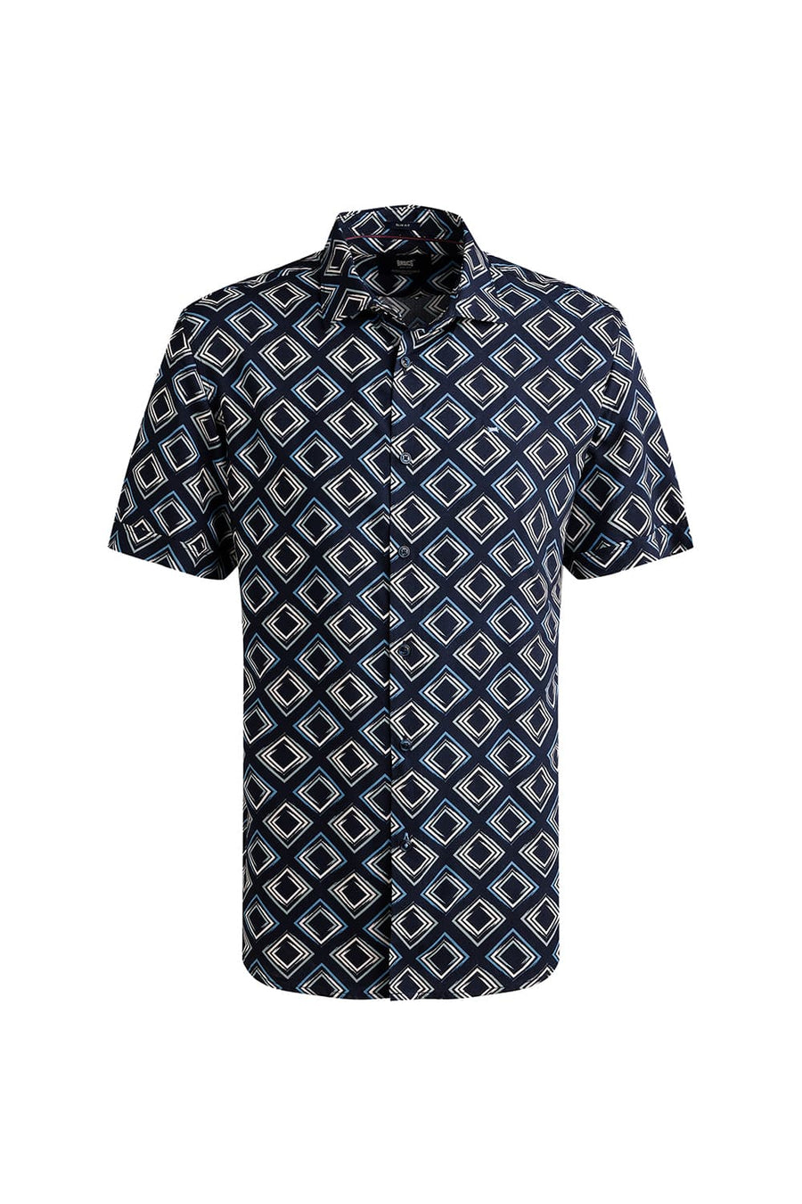BASICS SLIM FIT NAVY VISCOSE PRINTED HALFSLEEVES SHIRT