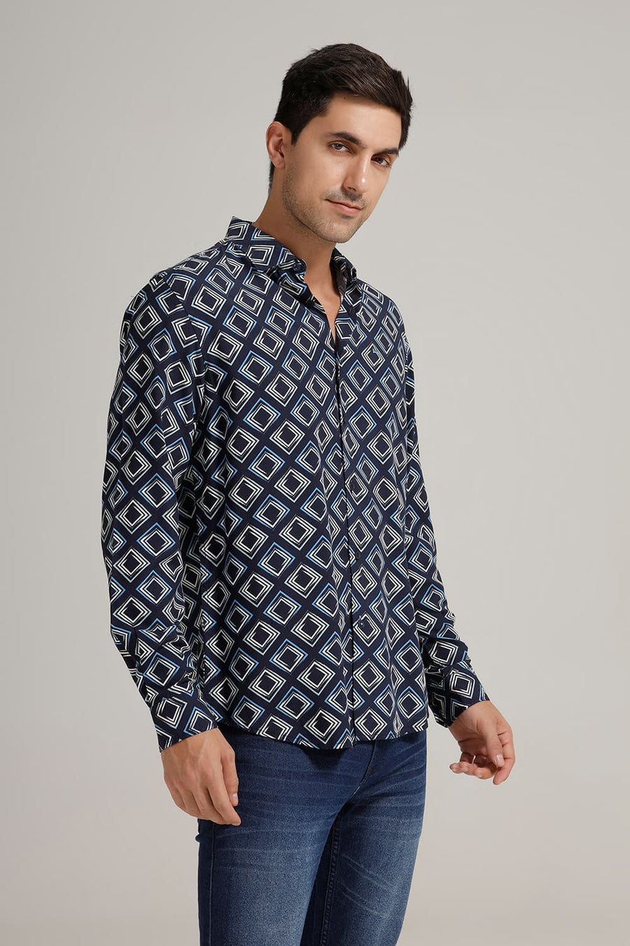 BASICS SLIM FIT NAVY VISCOSE PRINTED SHIRT