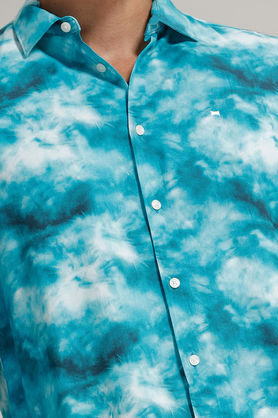 BASICS SLIM FIT TEAL VISCOSE DIGITAL PRINTED SHIRT