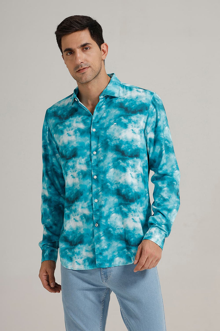 BASICS SLIM FIT TEAL VISCOSE DIGITAL PRINTED SHIRT