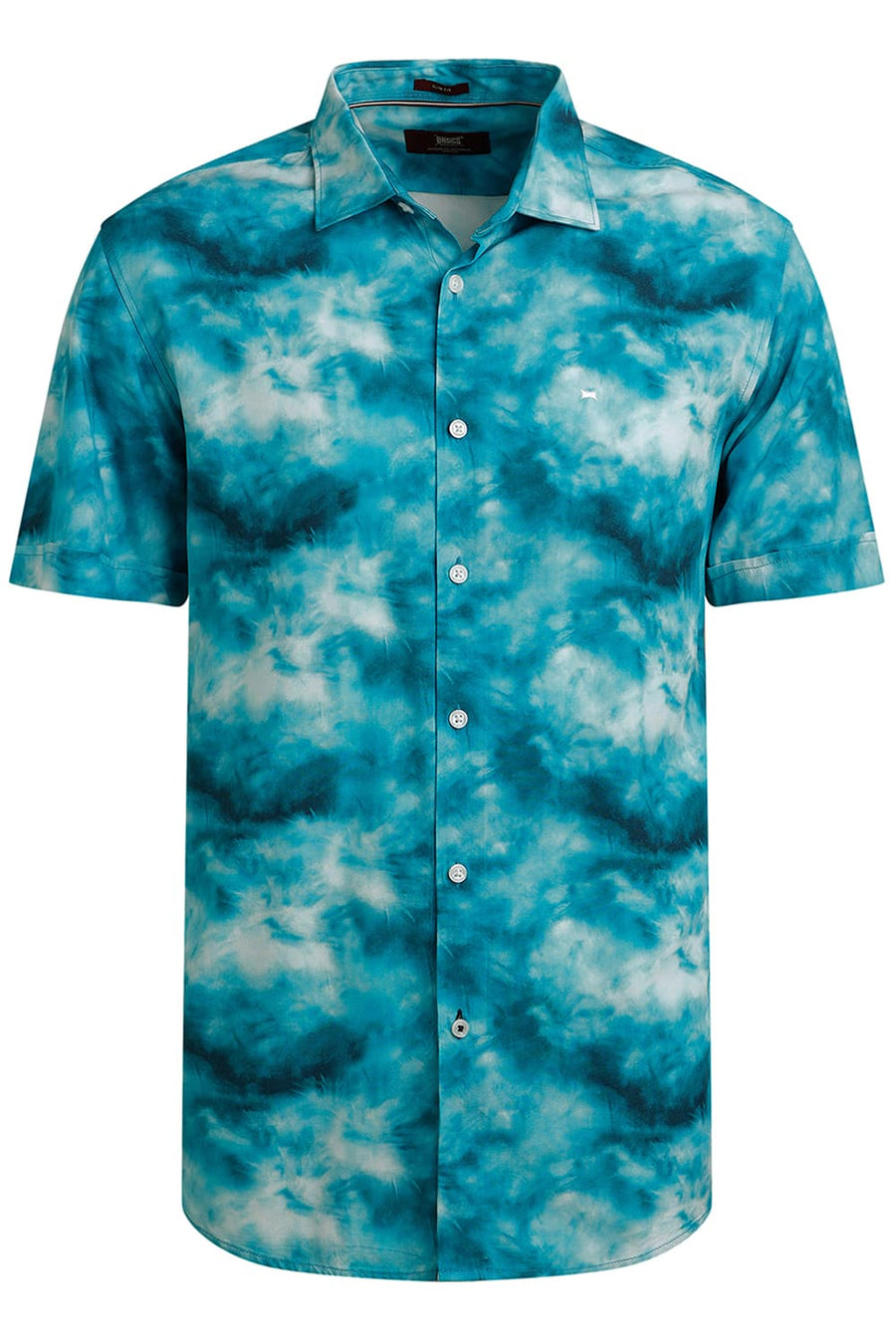 BASICS SLIM FIT TEAL VISCOSE DIGITAL PRINTED HALFSLEEVES SHIRT