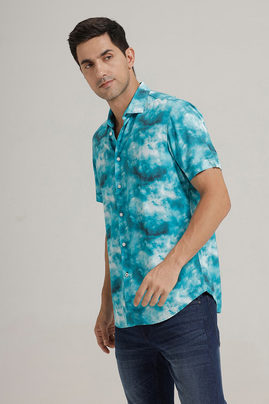 BASICS SLIM FIT TEAL VISCOSE DIGITAL PRINTED HALFSLEEVES SHIRT