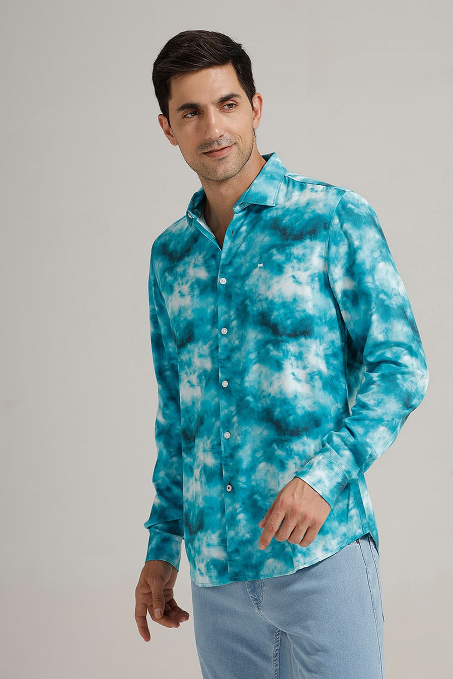 BASICS SLIM FIT TEAL VISCOSE DIGITAL PRINTED SHIRT