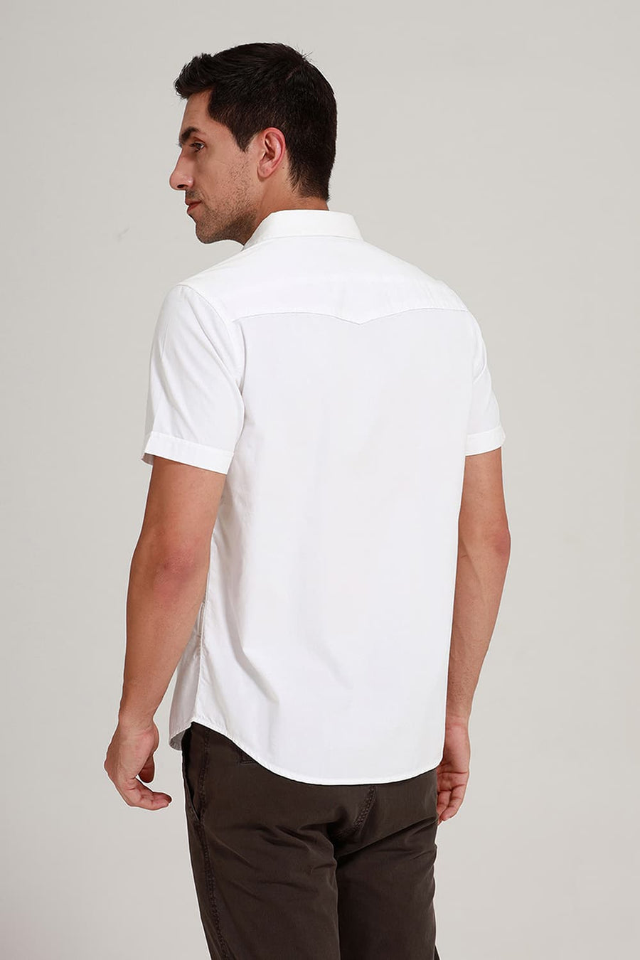 BASICS SLIM FIT WHITE COTTON TWILL HALFSLEEVES SHIRT
