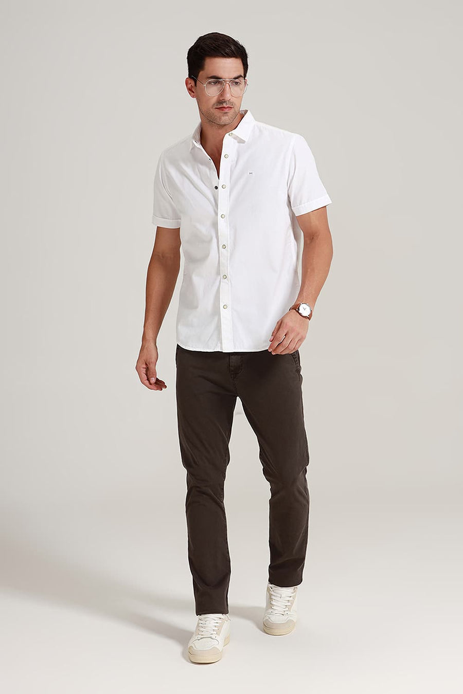 BASICS SLIM FIT WHITE COTTON TWILL HALFSLEEVES SHIRT