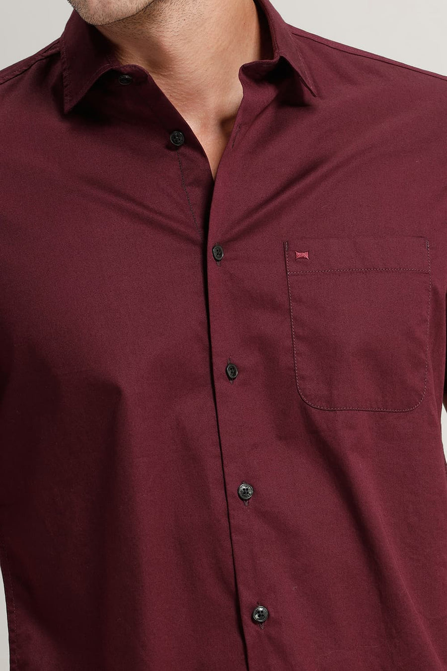 BASICS SLIM FIT WINE COTTON TWILL HALFSLEEVES SHIRT