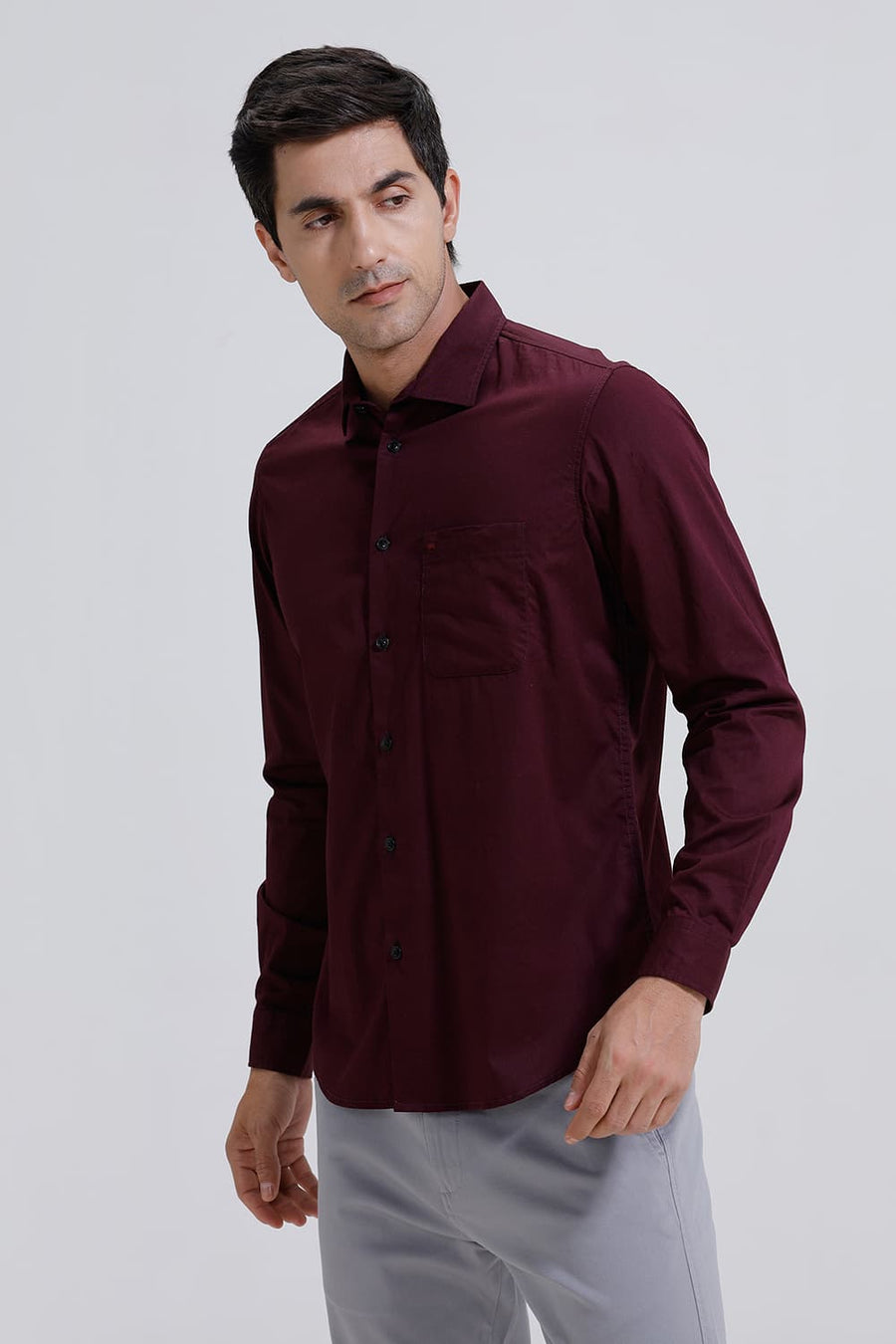 BASICS SLIM FIT WINE COTTON TWILL SHIRT