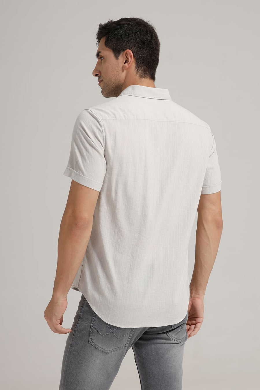 BASICS SLIM FIT GREY COTTON DOBBY STRIPE HALFSLEEVES SHIRT