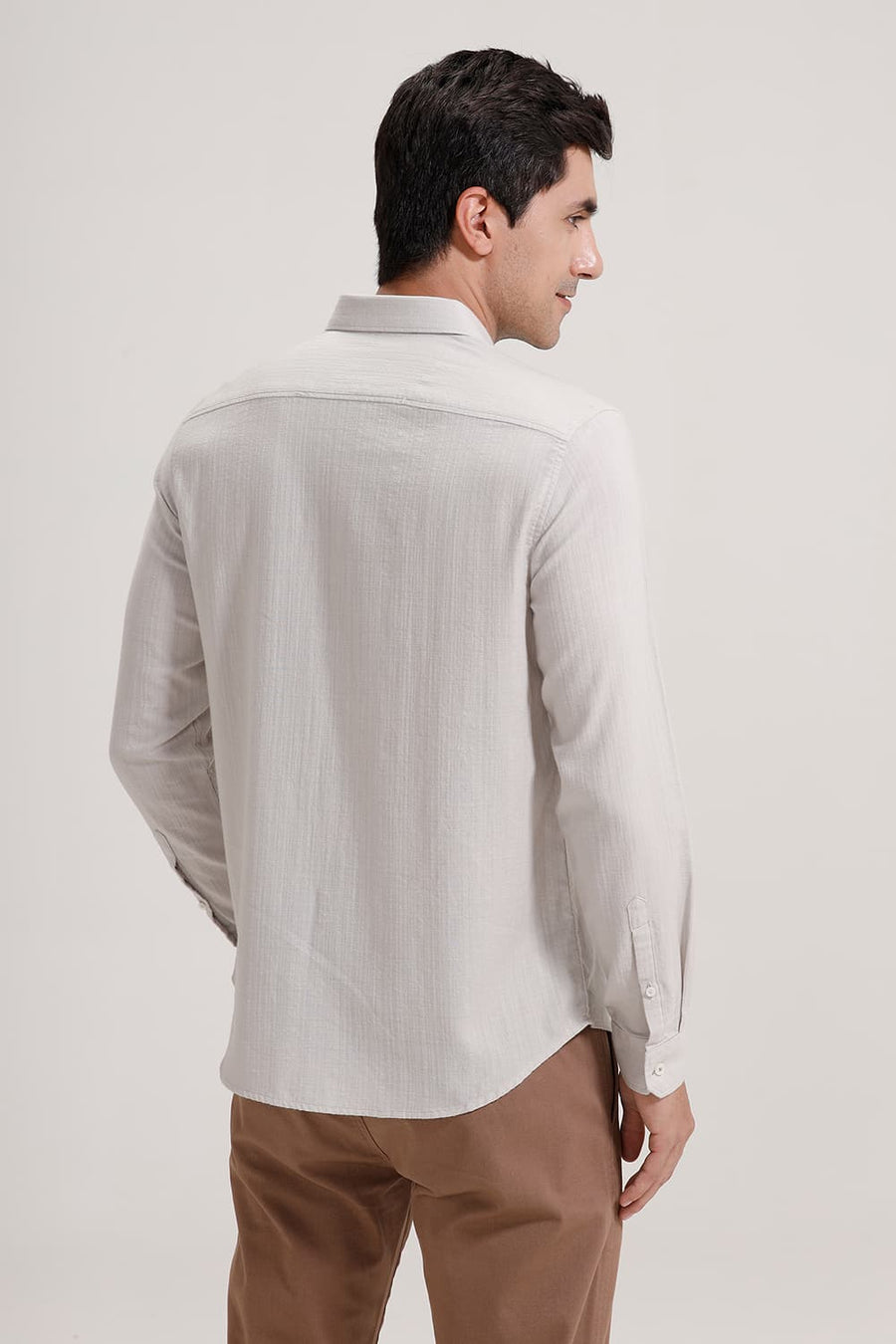 BASICS SLIM FIT GREY COTTON DOBBY STRIPE SHIRT