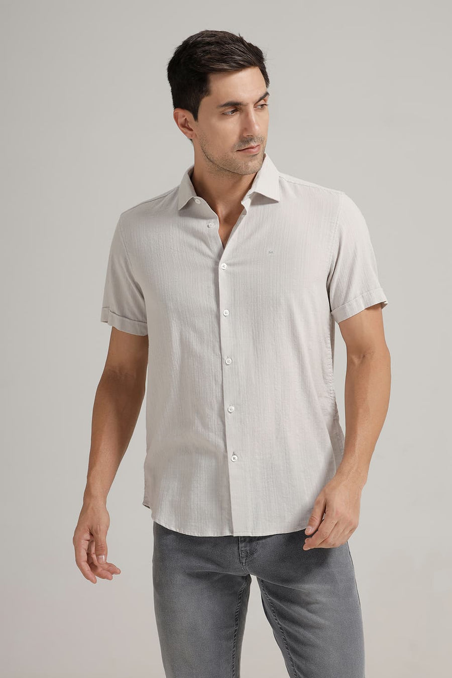 BASICS SLIM FIT GREY COTTON DOBBY STRIPE HALFSLEEVES SHIRT