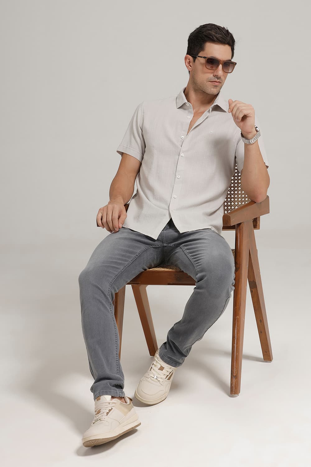 SLIM FIT COTTON DOBBY STRIPE HALFSLEEVES SHIRT