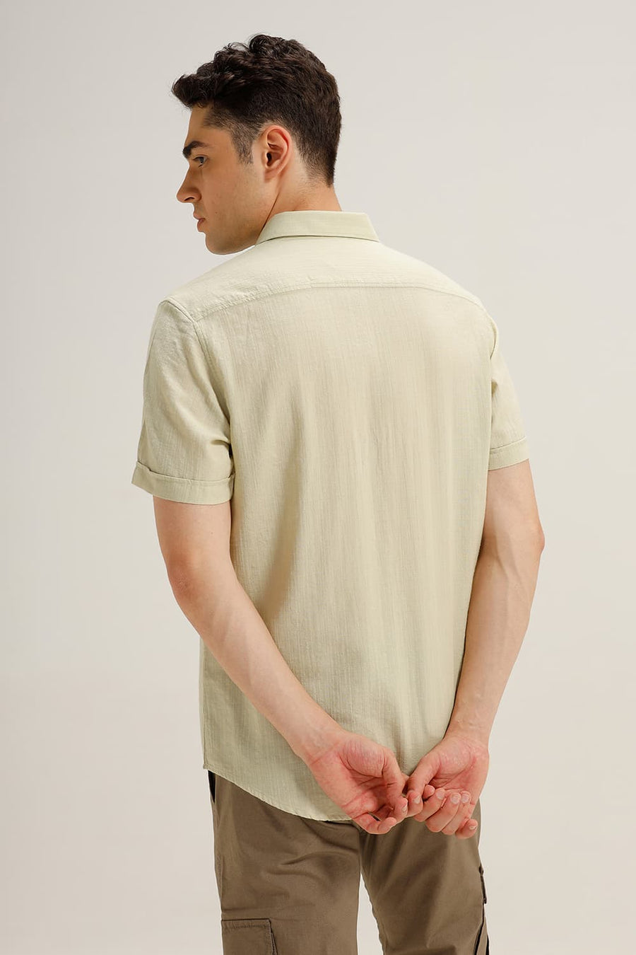 BASICS SLIM FIT LIGHT GREEN COTTON DOBBY STRIPE HALFSLEEVES SHIRT