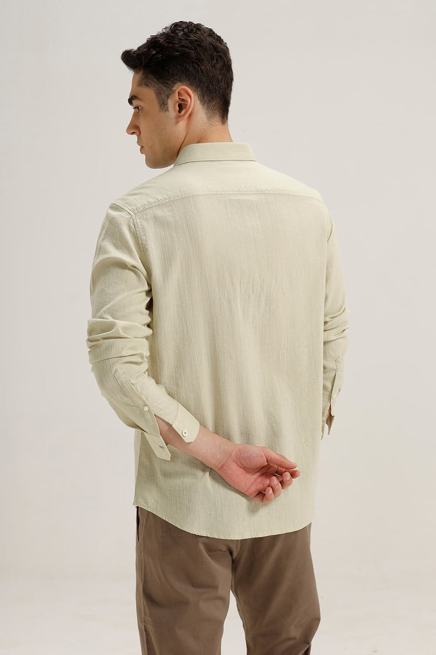 BASICS SLIM FIT LIGHT GREEN COTTON DOBBY STRIPE SHIRT