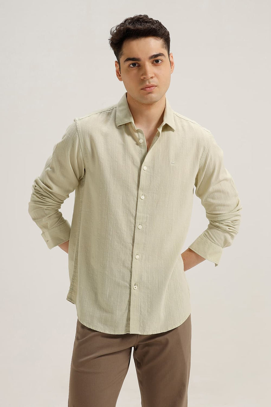BASICS SLIM FIT LIGHT GREEN COTTON DOBBY STRIPE SHIRT