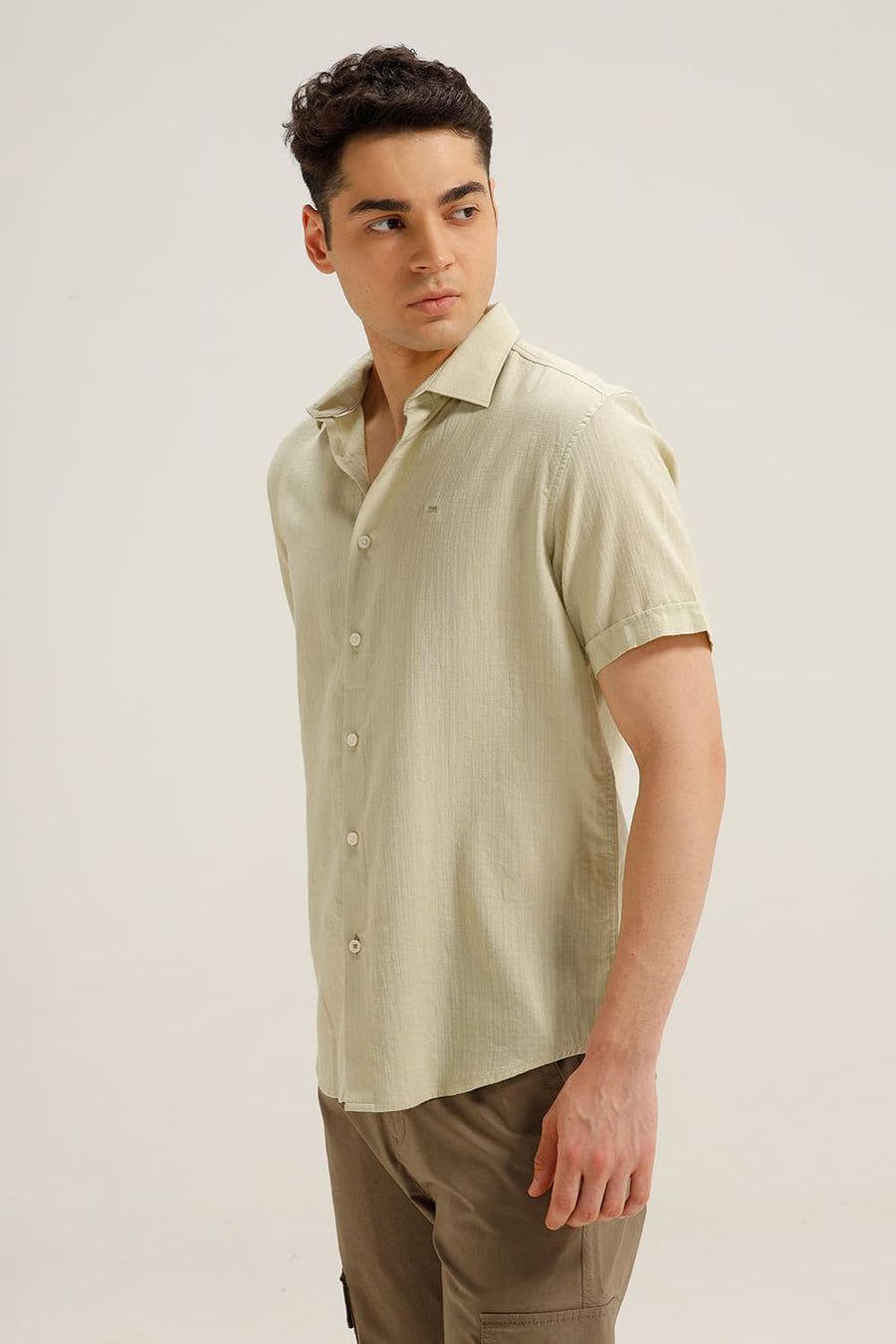 BASICS SLIM FIT LIGHT GREEN COTTON DOBBY STRIPE HALFSLEEVES SHIRT