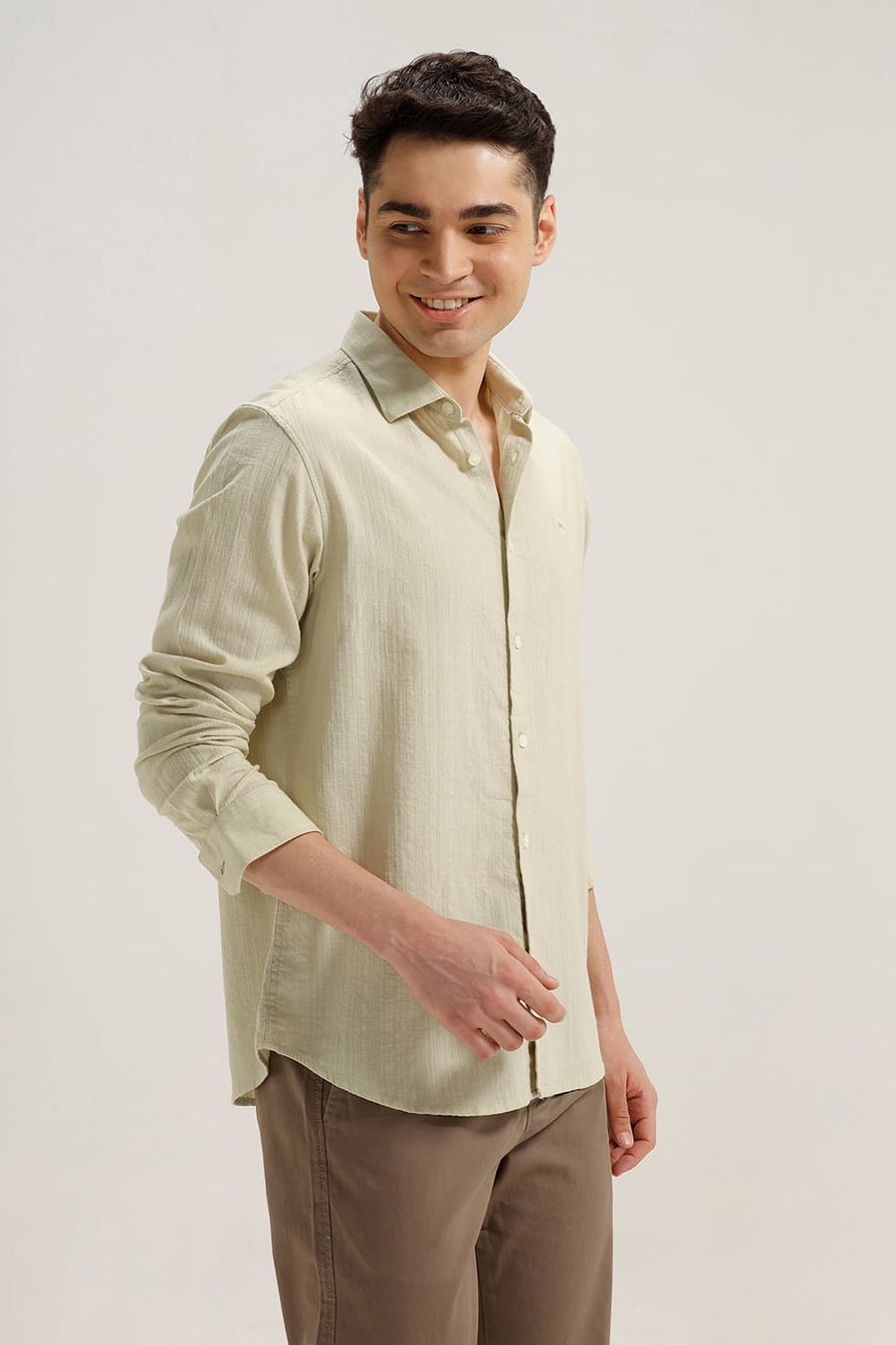 BASICS SLIM FIT LIGHT GREEN COTTON DOBBY STRIPE SHIRT