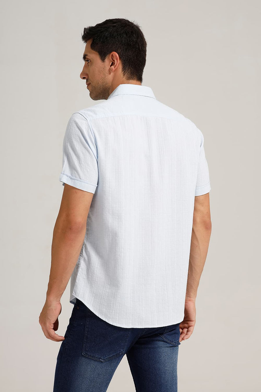 BASICS SLIM FIT LIGHT BLUE COTTON DOBBY STRIPE HALFSLEEVES SHIRT