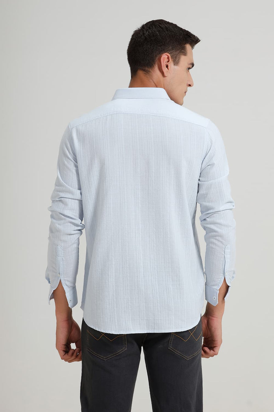 BASICS SLIM FIT LIGHT BLUE COTTON DOBBY STRIPE SHIRT