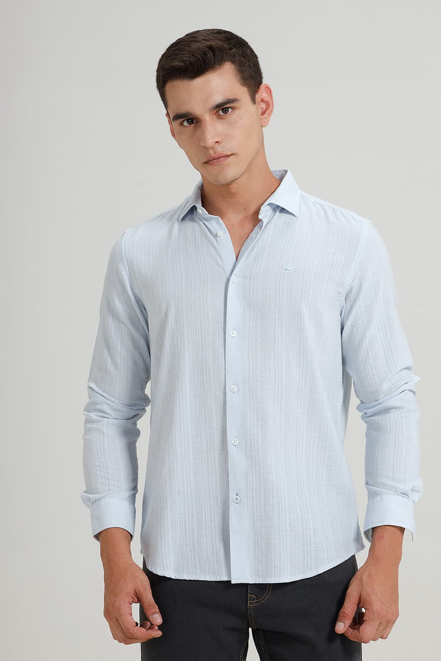 BASICS SLIM FIT LIGHT BLUE COTTON DOBBY STRIPE SHIRT
