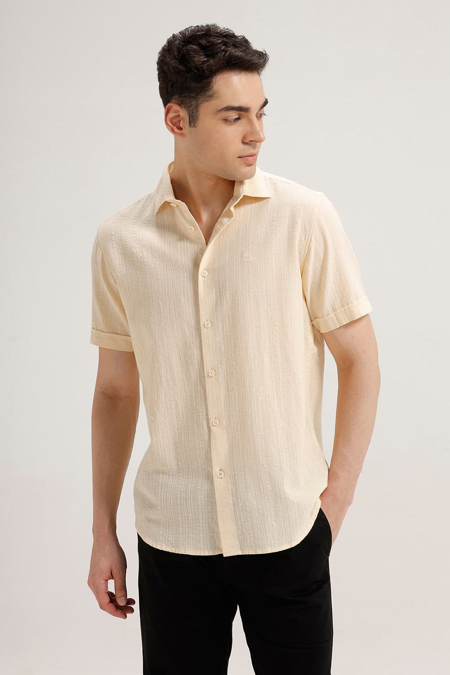 BASICS SLIM FIT BEIGE COTTON DOBBY STRIPE HALFSLEEVES SHIRT
