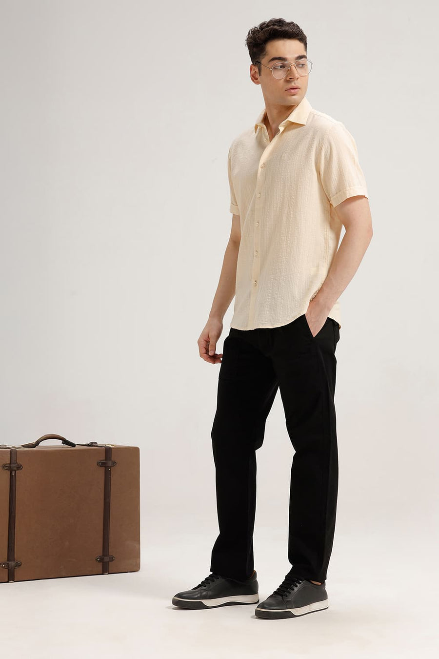 BASICS SLIM FIT BEIGE COTTON DOBBY STRIPE HALFSLEEVES SHIRT