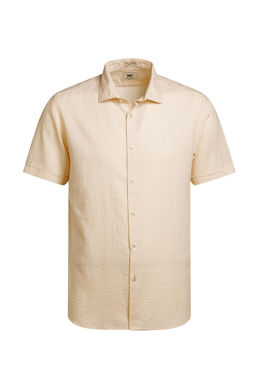 BASICS SLIM FIT BEIGE COTTON DOBBY STRIPE HALFSLEEVES SHIRT