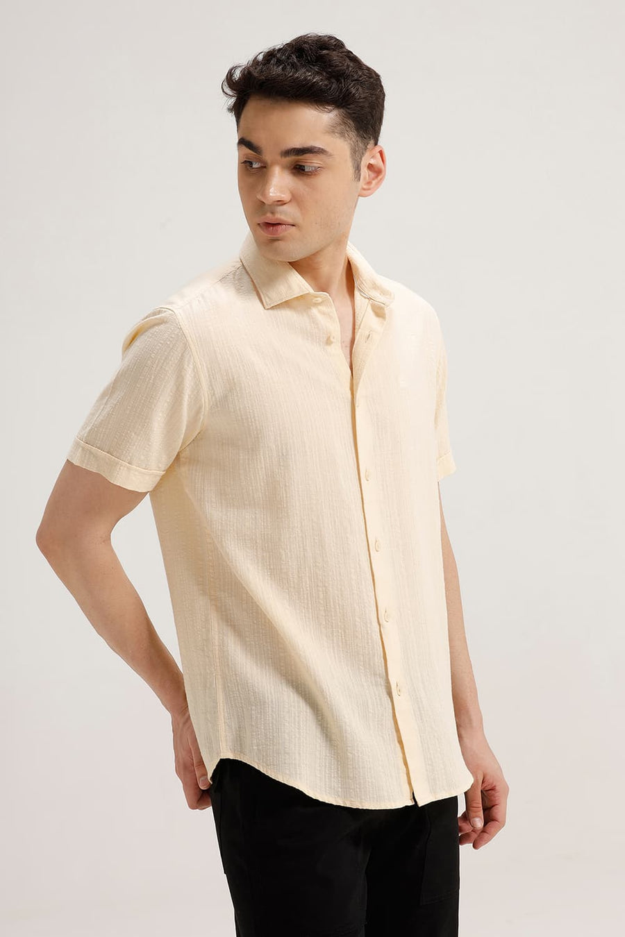 BASICS SLIM FIT BEIGE COTTON DOBBY STRIPE HALFSLEEVES SHIRT