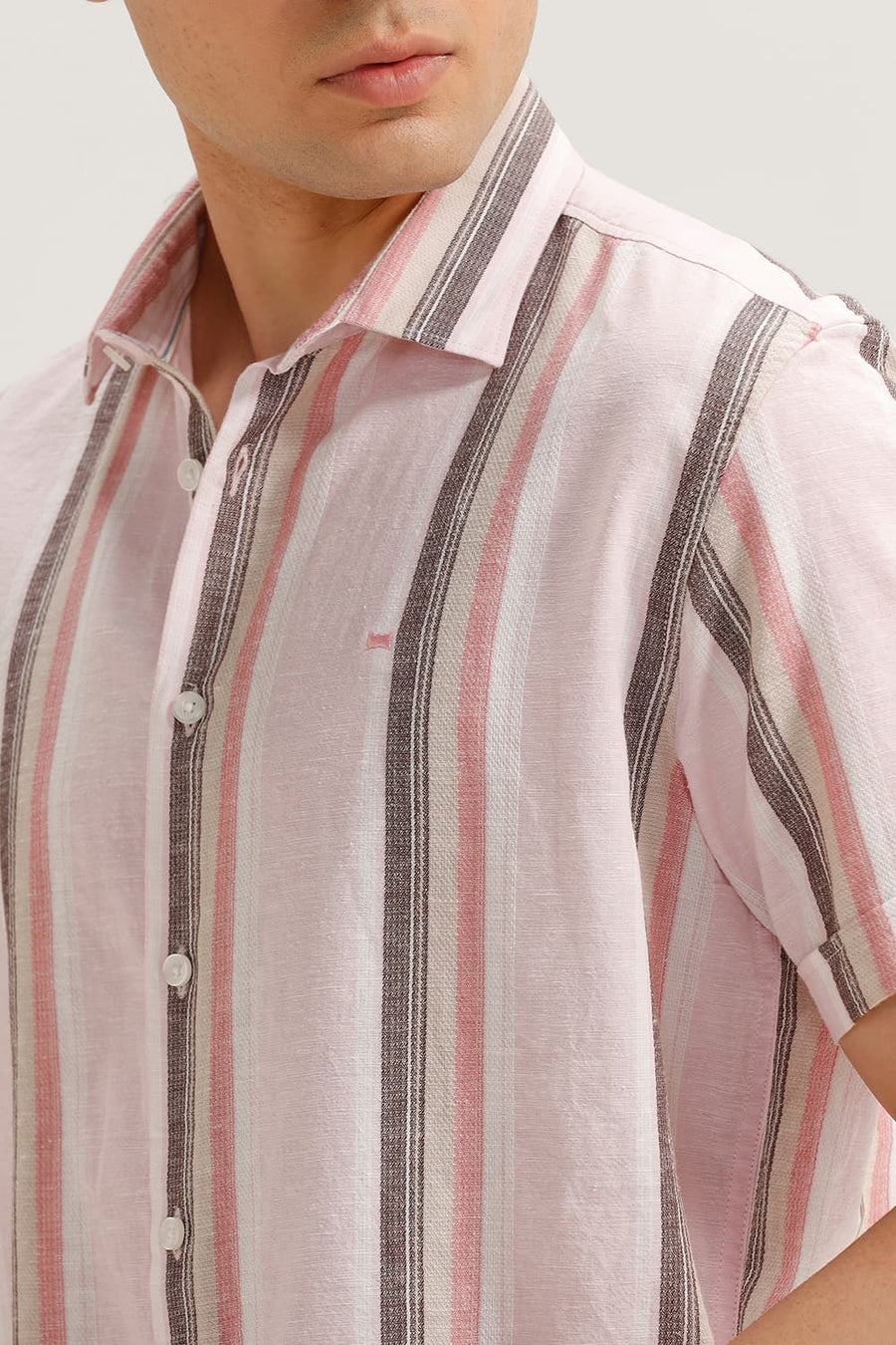 BASICS SLIM FIT PINK COTTON LENO DOBBY STRIPE HALFSLEEVES SHIRT