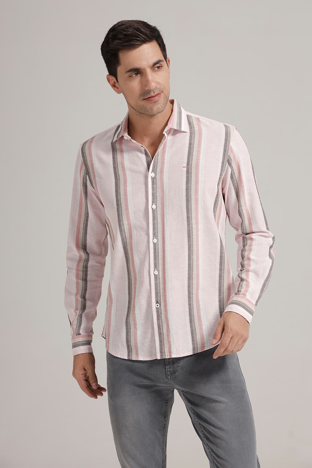 SLIM FIT COTTON LENO DOBBY STRIPE SHIRT