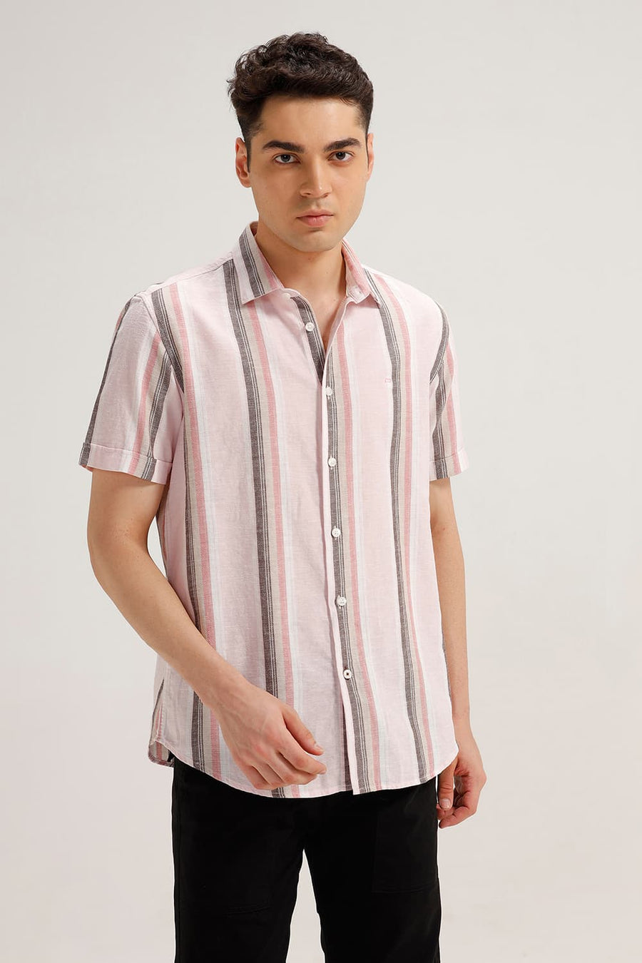 BASICS SLIM FIT PINK COTTON LENO DOBBY STRIPE HALFSLEEVES SHIRT