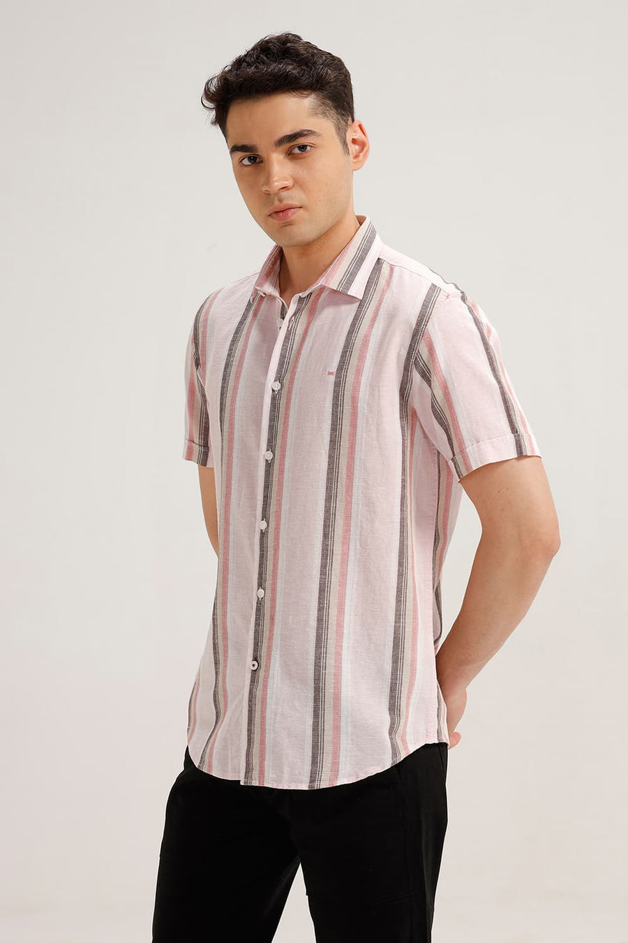BASICS SLIM FIT PINK COTTON LENO DOBBY STRIPE HALFSLEEVES SHIRT