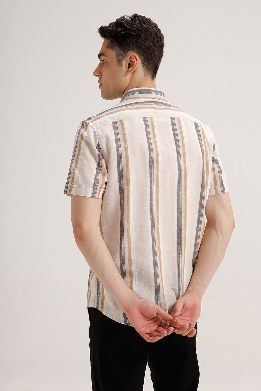 BASICS SLIM FIT BEIGE COTTON LENO DOBBY STRIPE HALFSLEEVES SHIRT