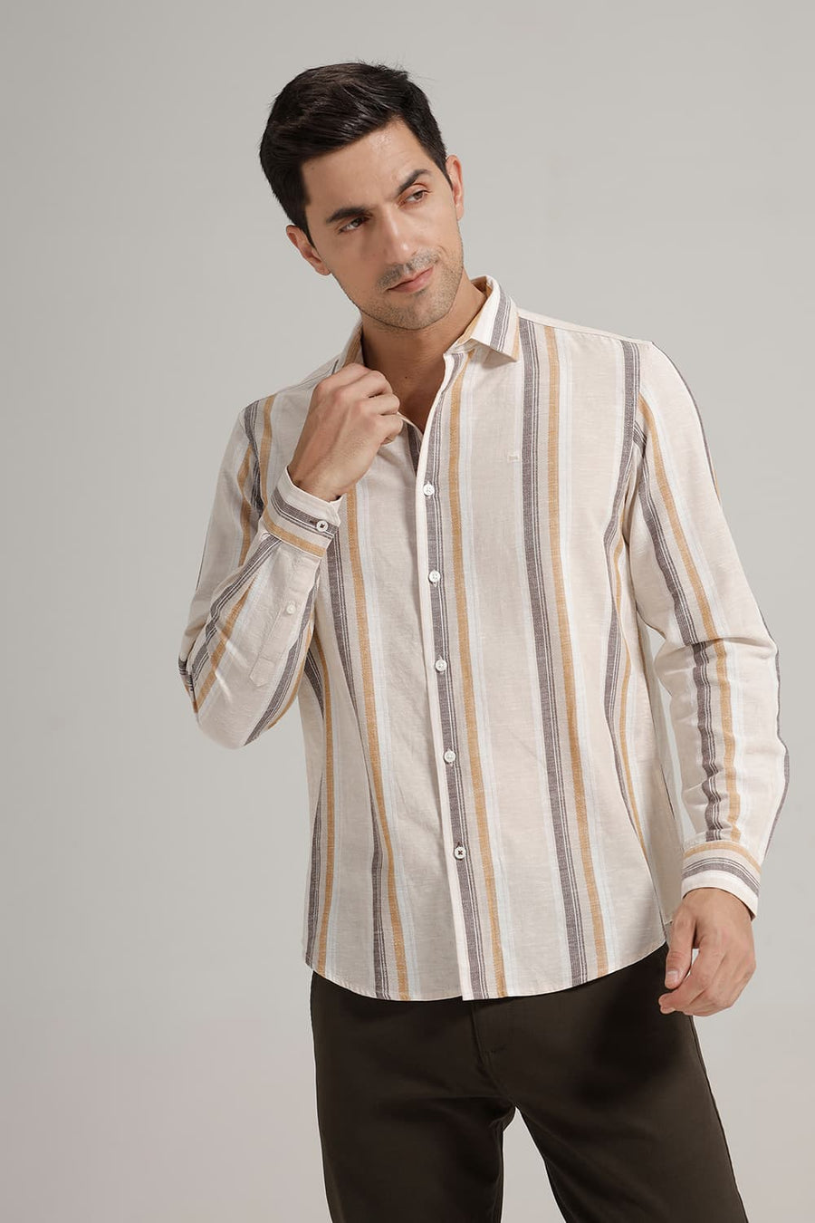 BASICS SLIM FIT BEIGE COTTON LENO DOBBY STRIPE SHIRT