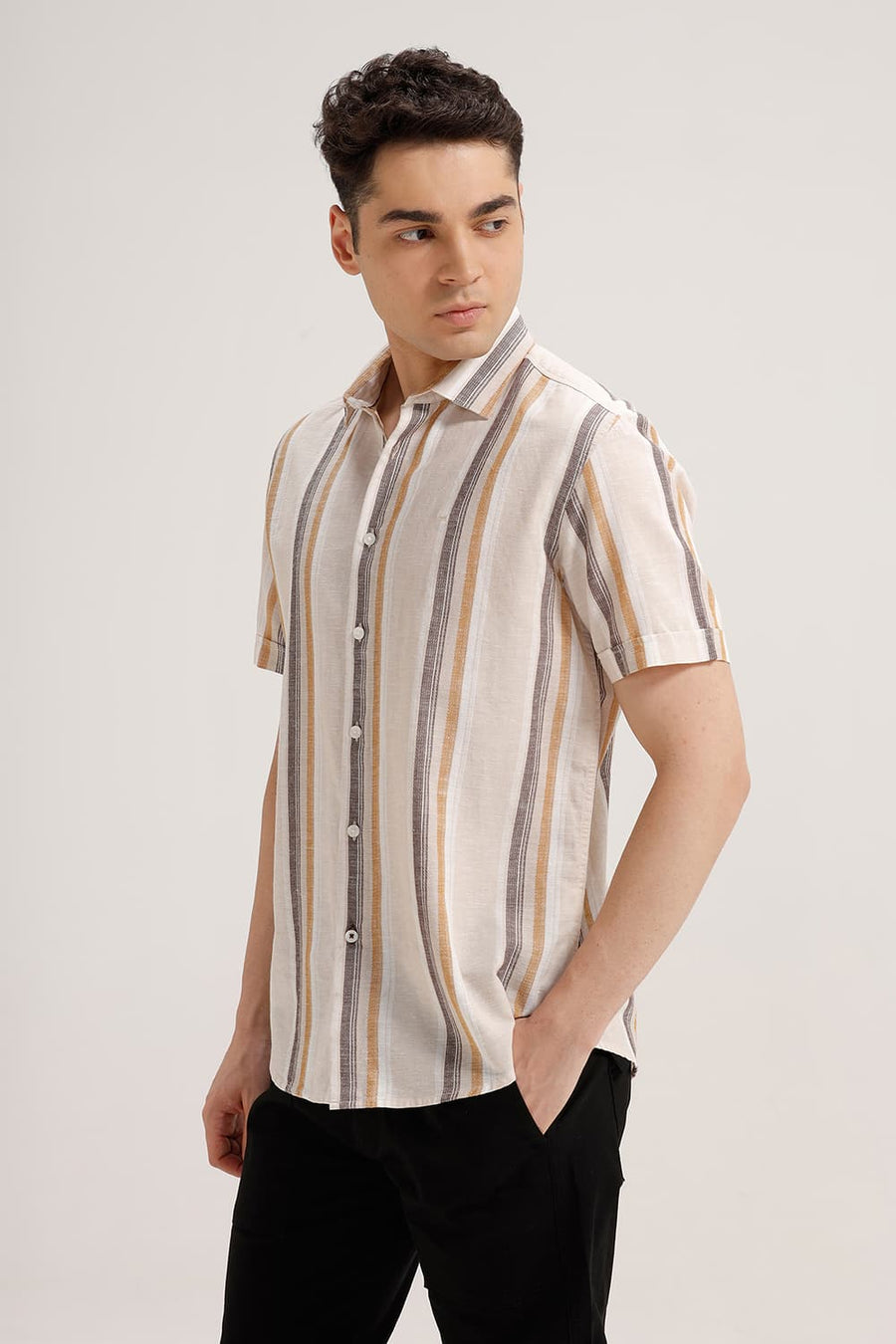 BASICS SLIM FIT BEIGE COTTON LENO DOBBY STRIPE HALFSLEEVES SHIRT