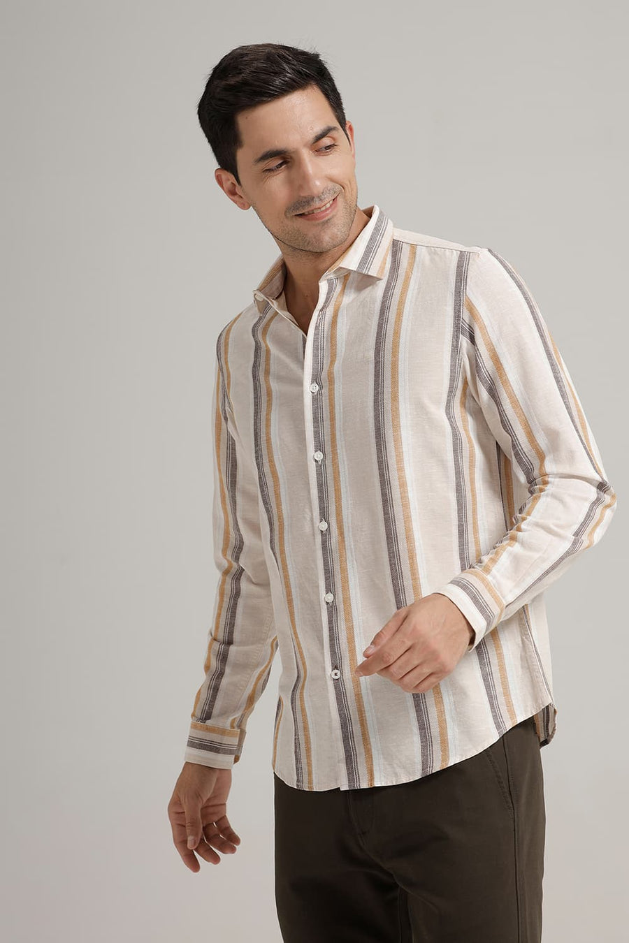 BASICS SLIM FIT BEIGE COTTON LENO DOBBY STRIPE SHIRT