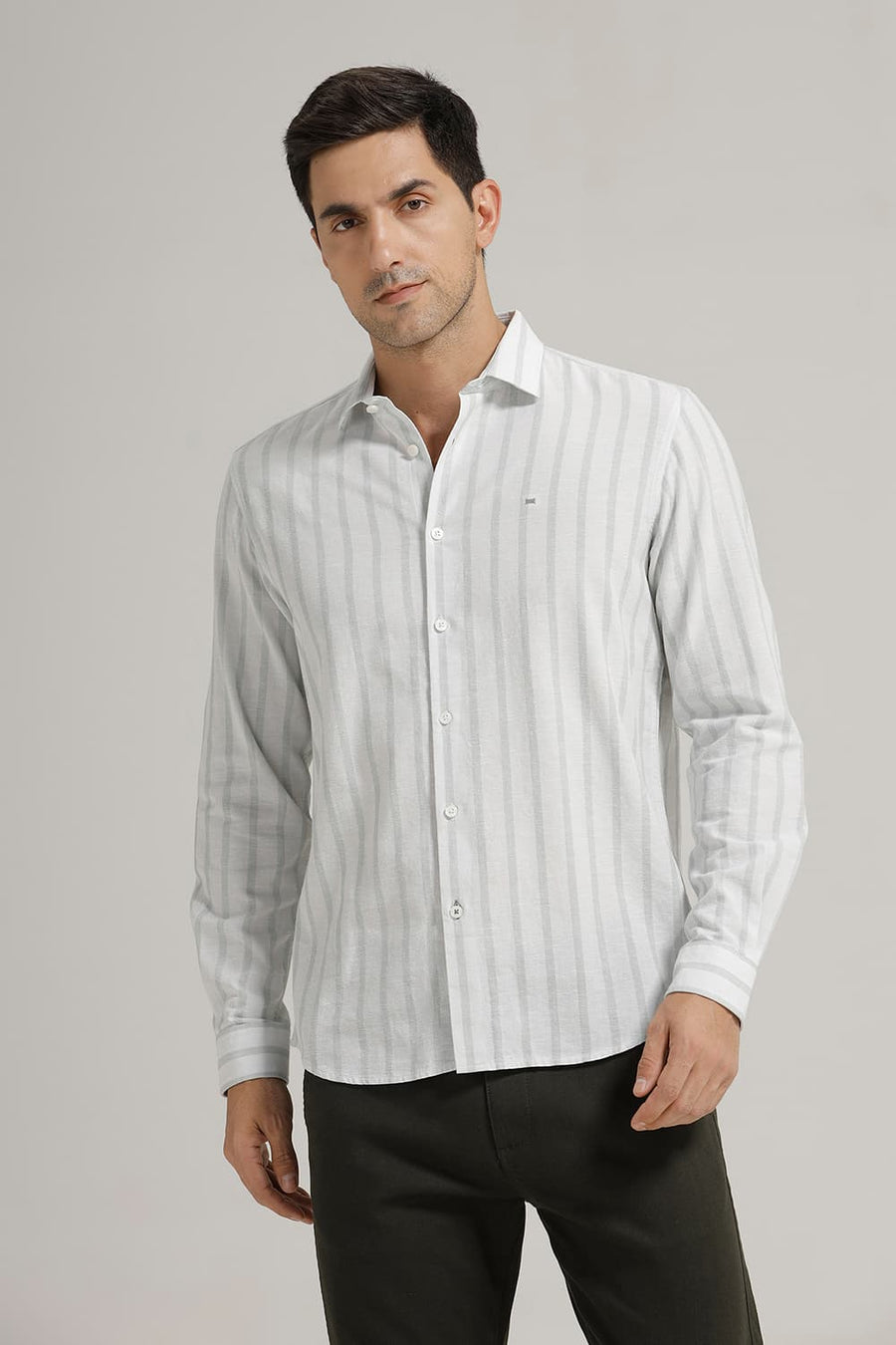 BASICS SLIM FIT MID GREEN COTTON LENO DOBBY STRIPE SHIRT