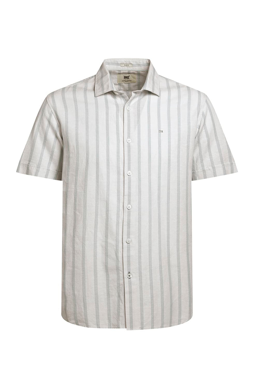 BASICS SLIM FIT MID GREEN COTTON LENO DOBBY STRIPE HALFSLEEVES SHIRT