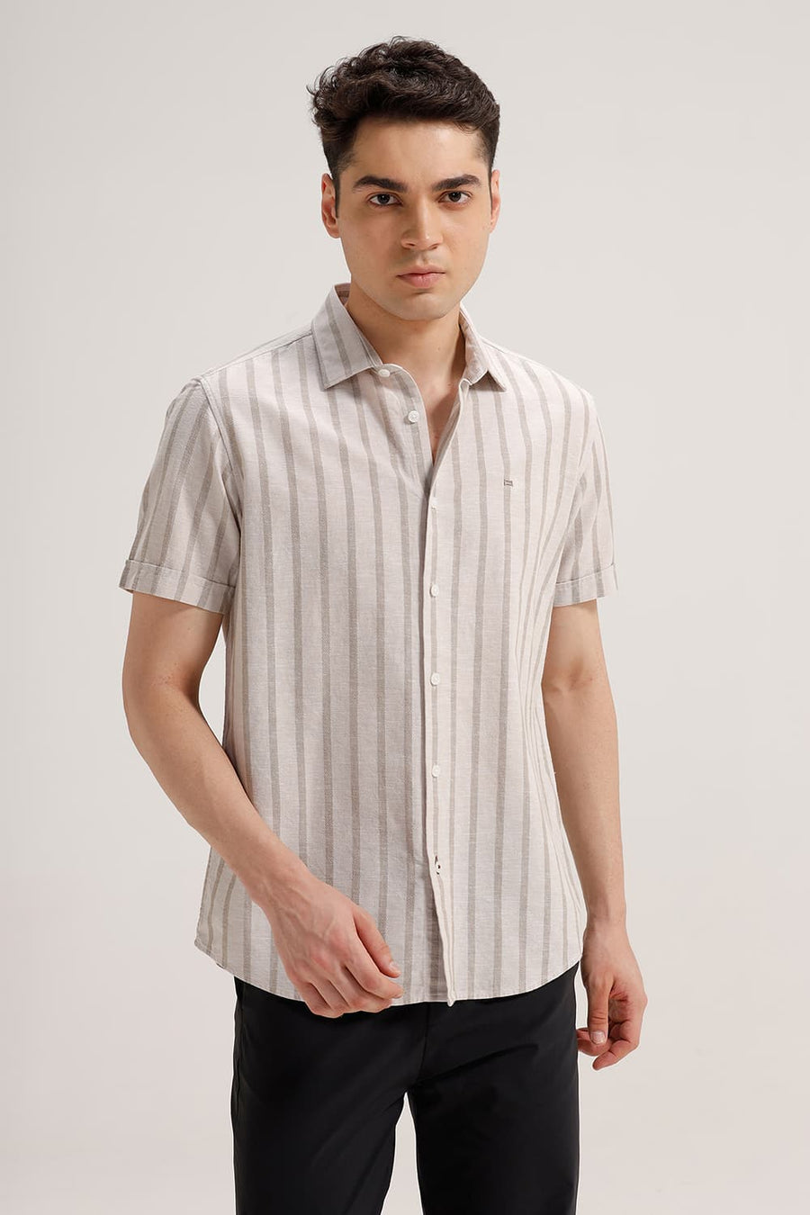 BASICS SLIM FIT MID BROWN COTTON LENO DOBBY STRIPE HALFSLEEVES SHIRT
