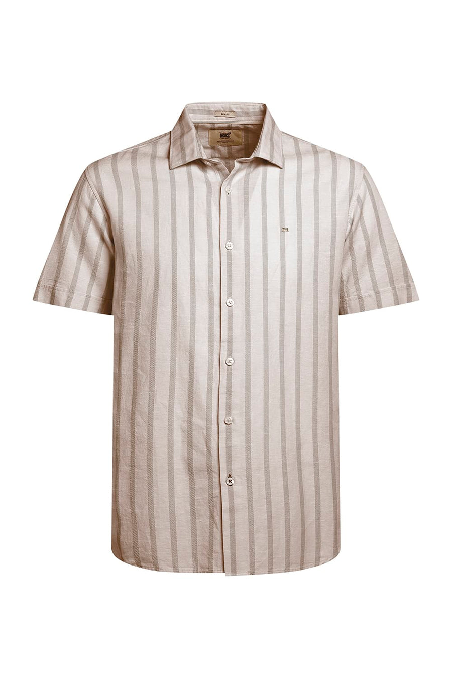 BASICS SLIM FIT MID BROWN COTTON LENO DOBBY STRIPE HALFSLEEVES SHIRT
