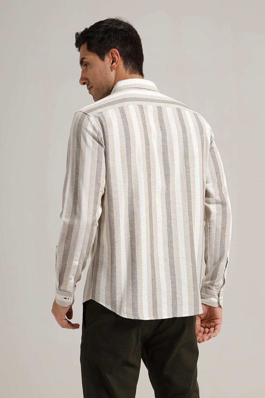 BASICS SLIM FIT OLIVE COTTON LENO DOBBY STRIPE SHIRT