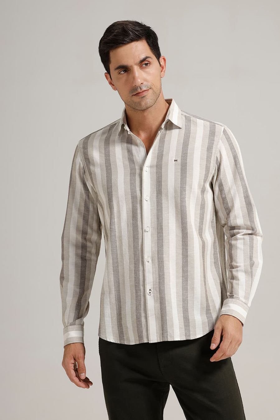 BASICS SLIM FIT OLIVE COTTON LENO DOBBY STRIPE SHIRT