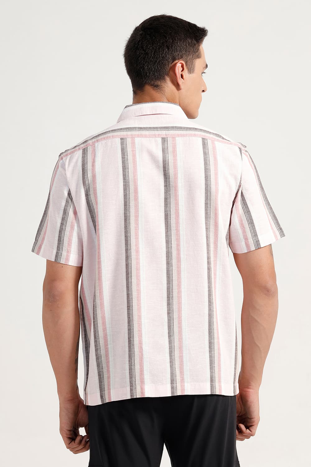 RELAXED FIT COTTON LENO DOBBY STRIPE HALFSLEEVES SHIRT