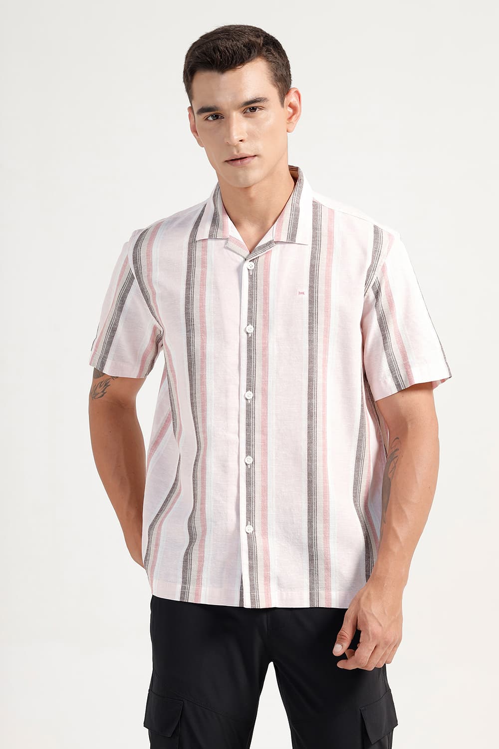 RELAXED FIT COTTON LENO DOBBY STRIPE HALFSLEEVES SHIRT
