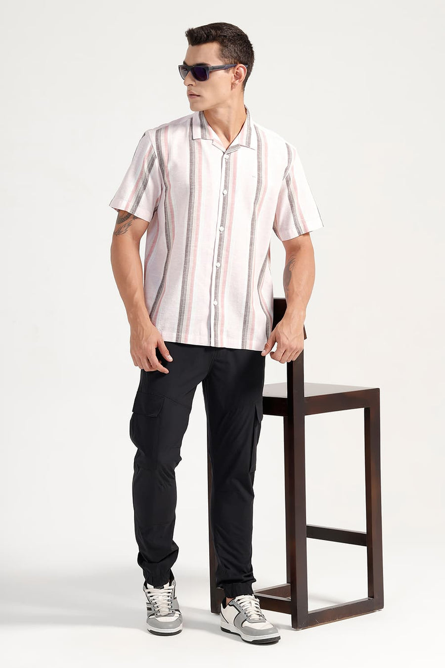 BASICS RELAXED FIT PINK COTTON LENO DOBBY STRIPE HALFSLEEVES SHIRT