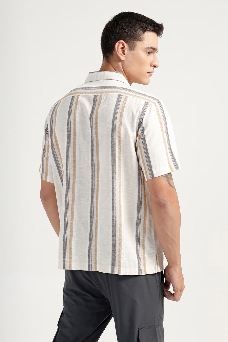 BASICS RELAXED FIT BEIGE COTTON LENO DOBBY STRIPE HALFSLEEVES SHIRT