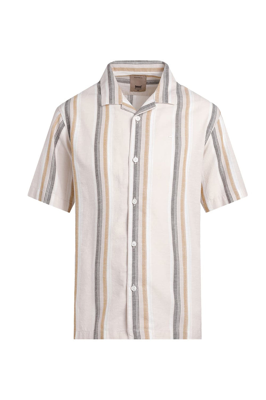 BASICS RELAXED FIT BEIGE COTTON LENO DOBBY STRIPE HALFSLEEVES SHIRT