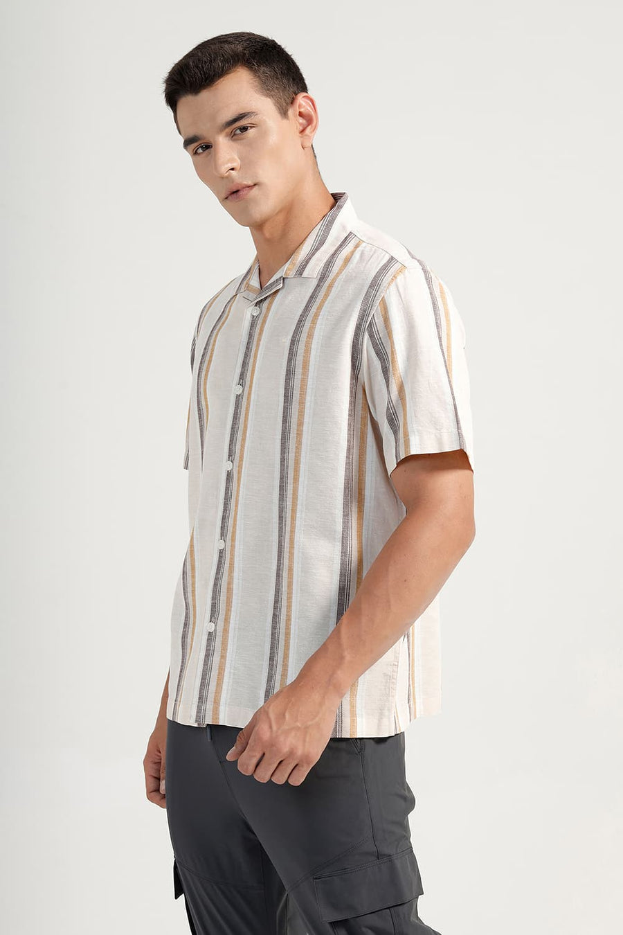 BASICS RELAXED FIT BEIGE COTTON LENO DOBBY STRIPE HALFSLEEVES SHIRT