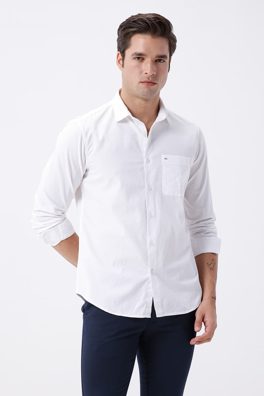 BASICS SLIM FIT WHITE COTTON CREPE SHIRT