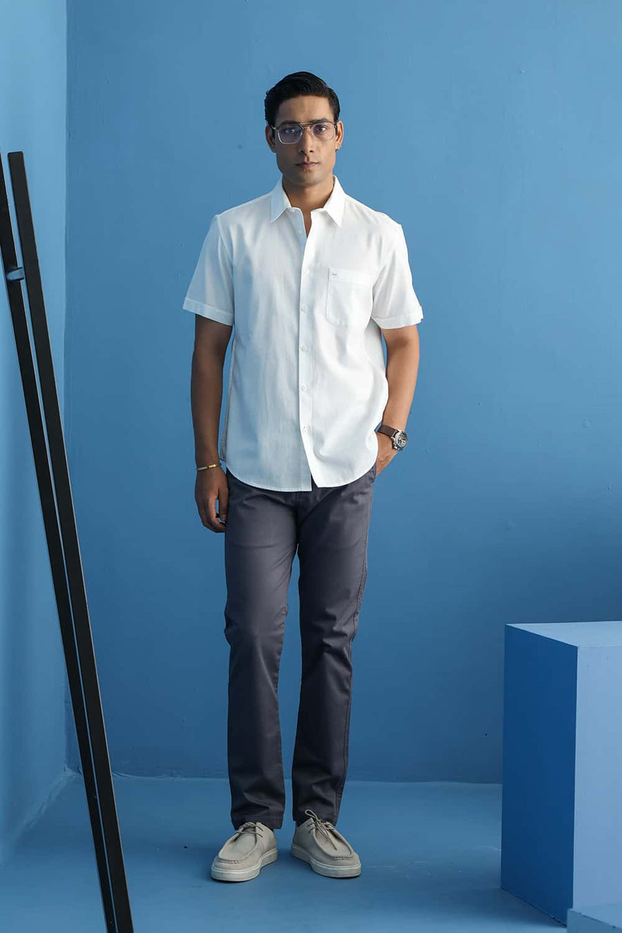 Basics Slim Fit White Cotton Crepe Shirt